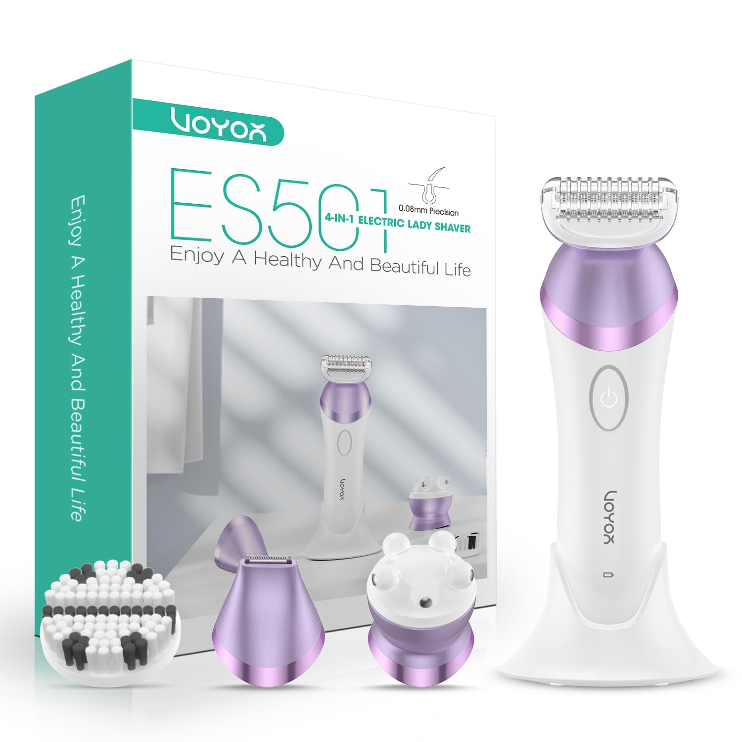 Lady Shavers for Women Bikini Trimmer 4 in 1 Cordless Electric Razor Rechargeable Wet & Dry Lady Shaver with 2 Speeds for Full Body, Pubic Hair Trimmer,Cleansing,Massage ES501 (Purple)