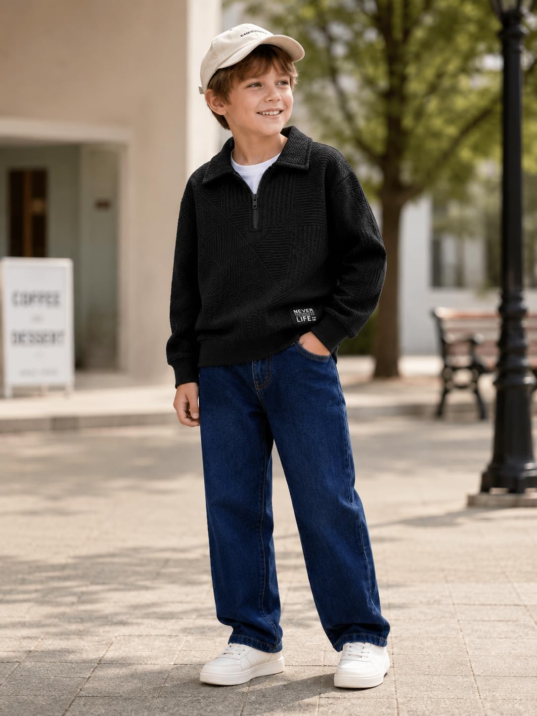 Boy Outfits Long Sleeve Half-zip Solid Sweatsuits Tops and Jean Pants Fall Winter Clothing Set Sizes 7-14 Years
