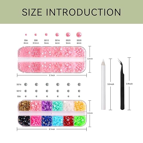 Vista 14 de Perlas para manualidades, 3600 unidades de diamantes de imitación de perlas de parte trasera plana mezcladas de 12 colores para uñas + medias perlas