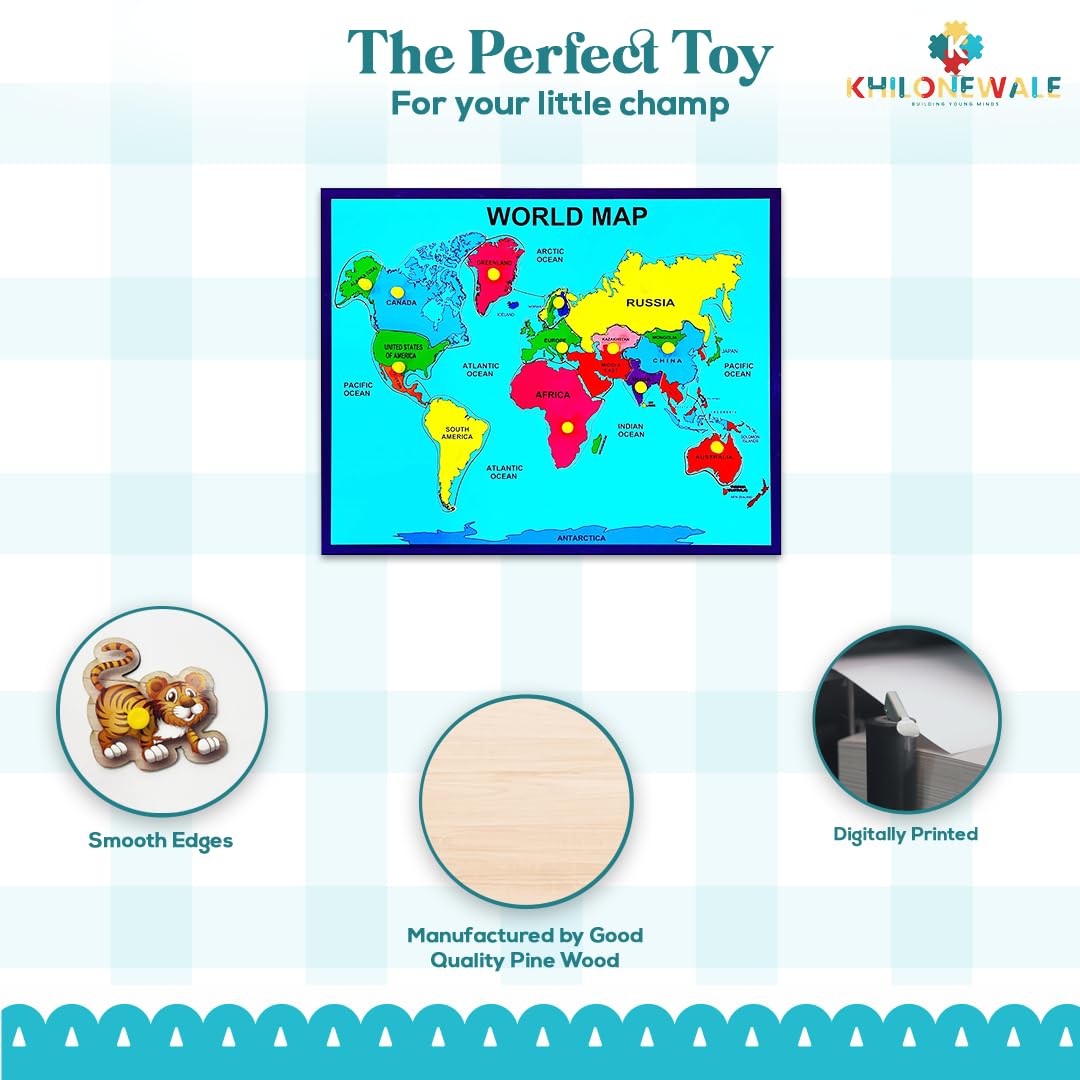 Khilonewale Kid's Wooden World Map Puzzle with Knobs | Educational Learning Toys for Boys and Girls | Size 30x38CM (World Map) 2