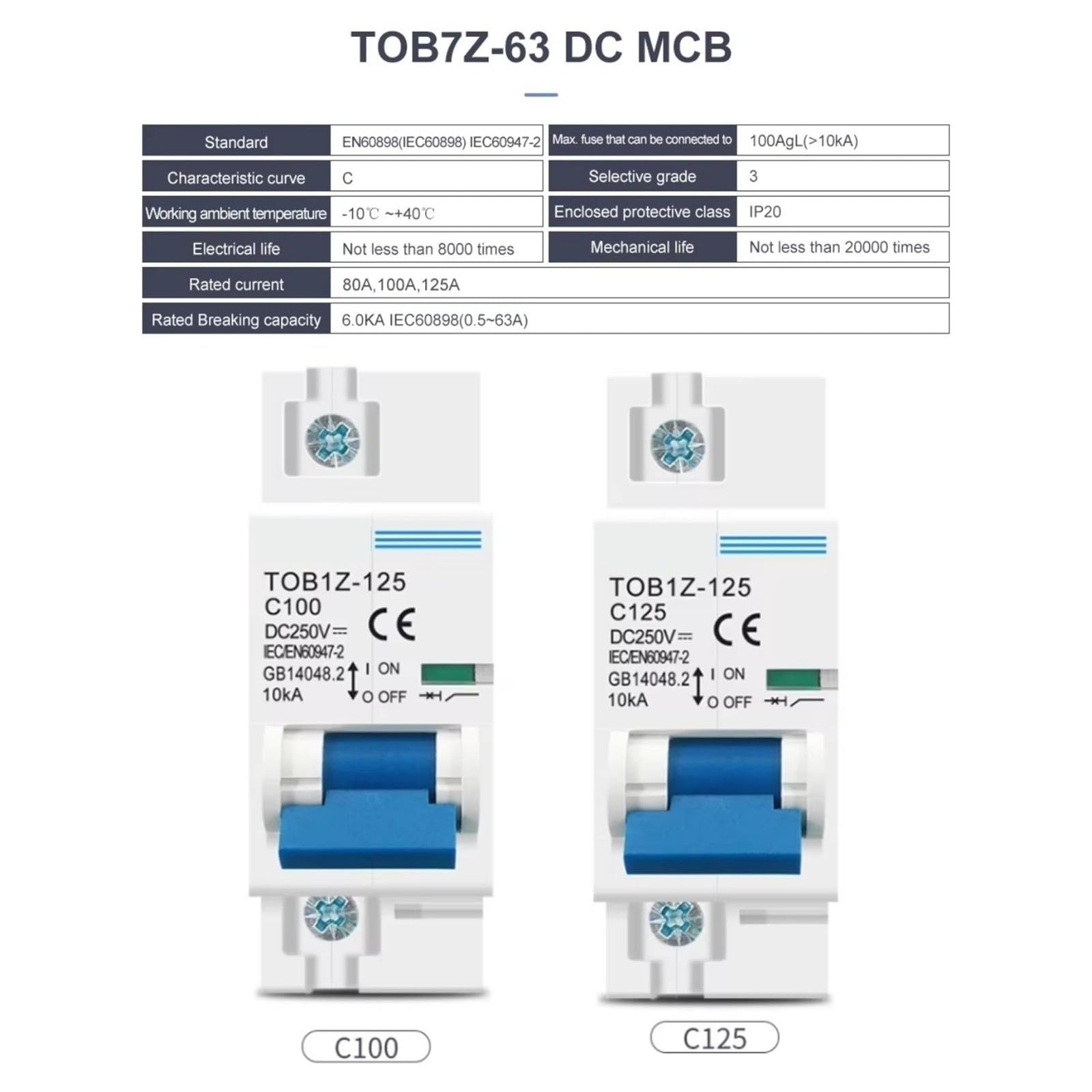 DC MCB Impianto fotovoltaico 1P 80/100/125A 250V curva C