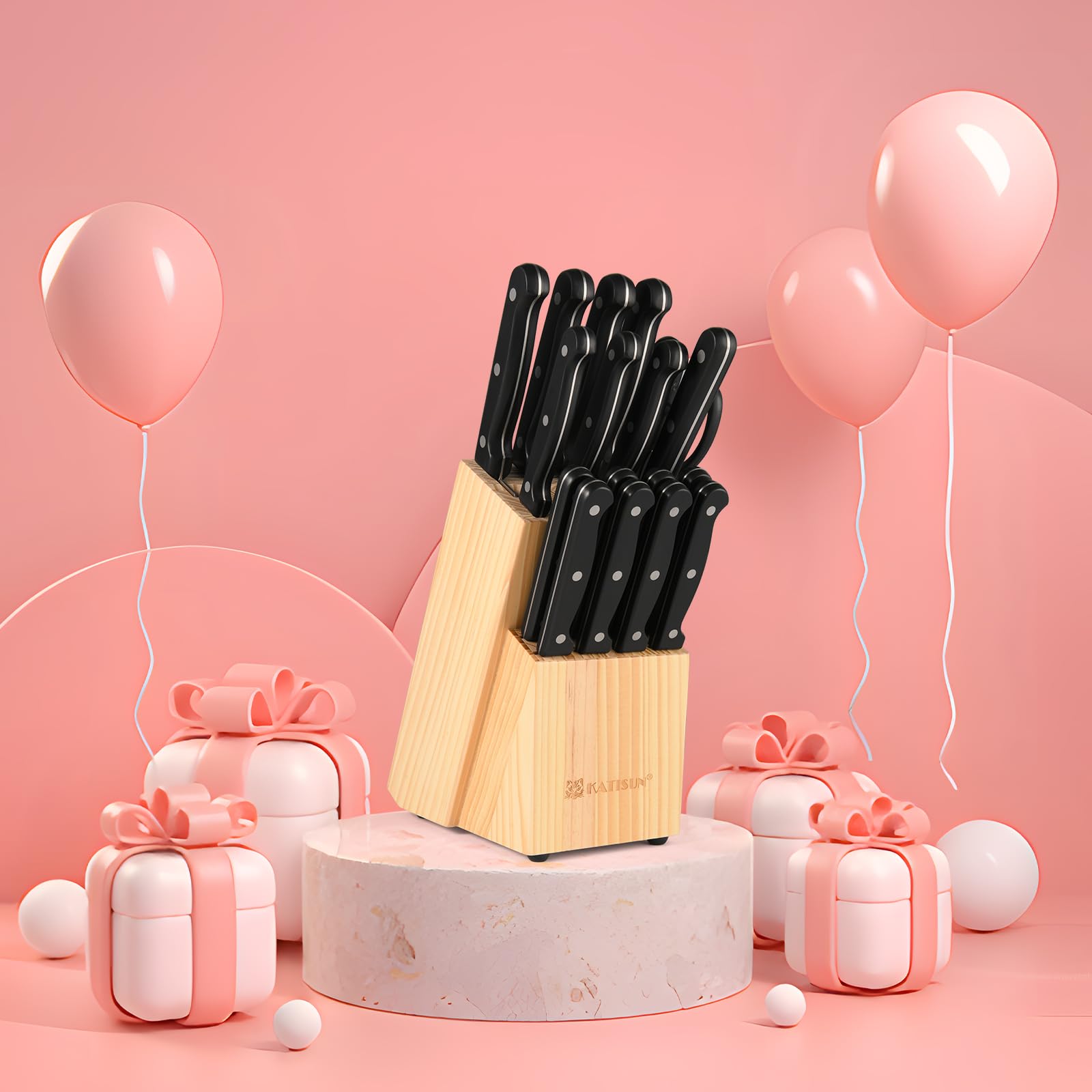 set de cuchillos, bloque de cuchillos 19 piezas, set de cuchillos de chef de acero inoxidable con bloque de madera, cuchillos de cocina profesionales con chaira, hojas afiladas, negro