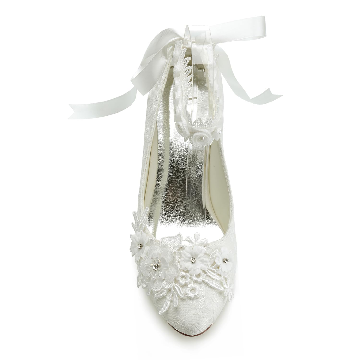 JIAJIA 62311B Damen Brautschuhe Geschlossene Spitze 7cm Blockabsatz Satin Pumpen Satin Blumenband Krawatte Hochzeitsschuhe