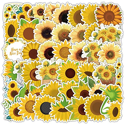 50PCS Sunflower Stickers for Kids Teens,Yellow Aesthetic Floral Waterproof Decals for Scrapbook Notebook Laptops Water Bottles Luggage Journal Phone Case Card Making Skateboards Helmet Guitar