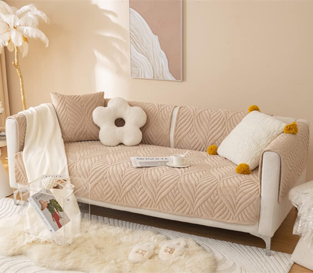 vctops Soft Velvet Sofa Couch Cover Tropical Leaf Pattern Sectional Couch Covers Non Slip Sofa Slipcover Furniture Protector for Kids Dogs Pet, 1 Piece/Not All Set (Khaki,35"x63")