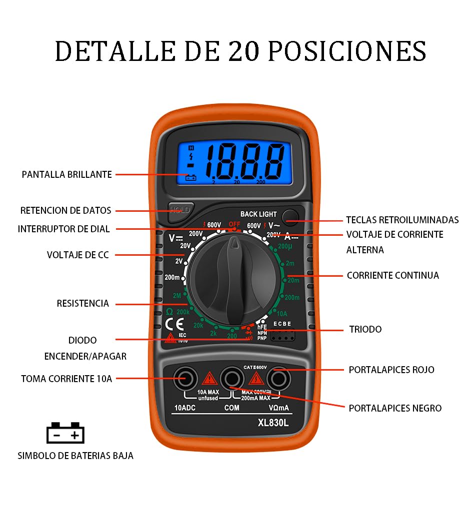 Multímetro Digital Profesional, Polimetro Digital con Pantalla Retroiluminada, Voltimetro Portátil y Resistente, Multifunción para Hogar y Taller, Manual en Español