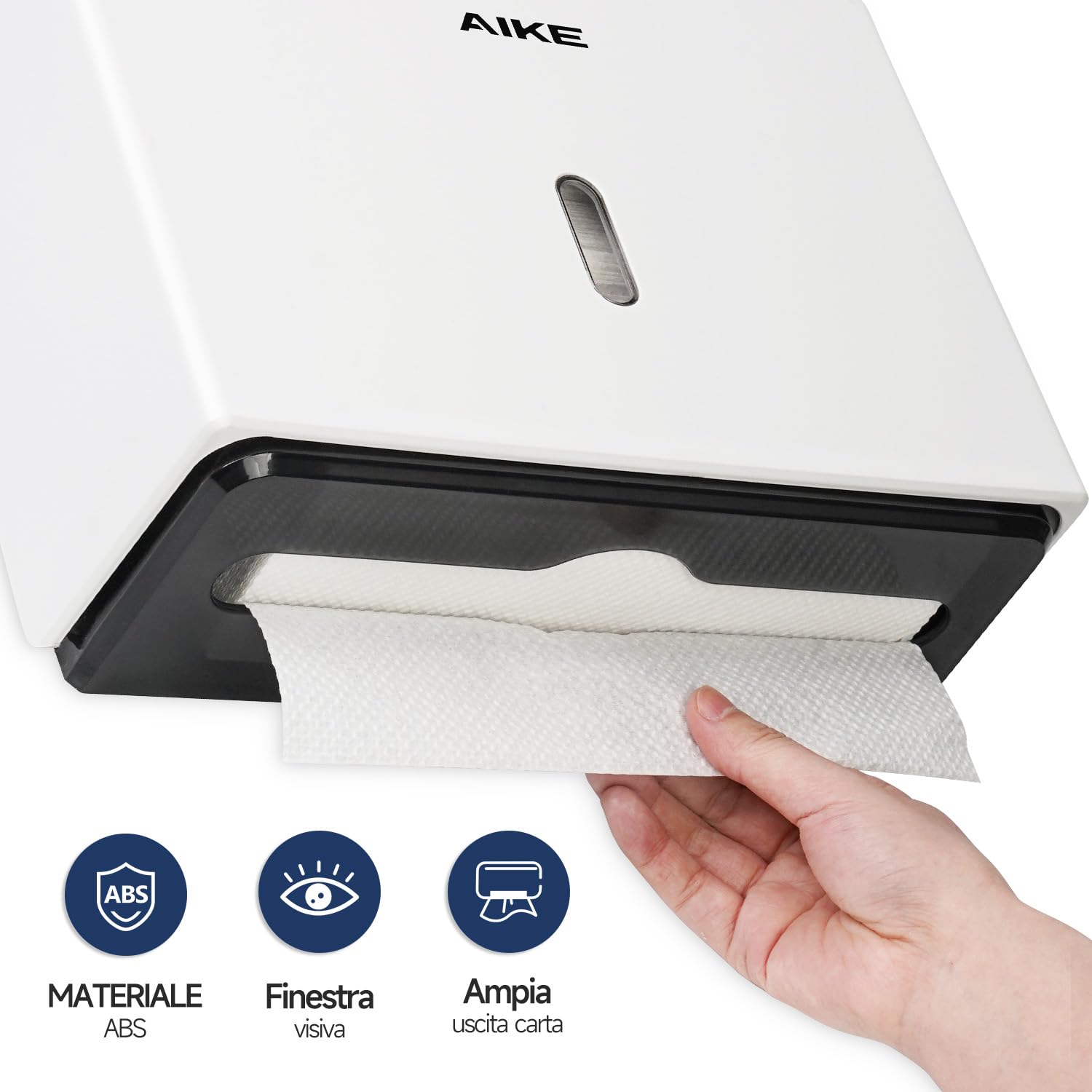 AIKE Dispenser Carta Asciugamani Uso Commerciale, 200+ Fogli per Z-Fold e Salviette di Carta Multifold 25.4x7.8 cm, AK5102 Bianco