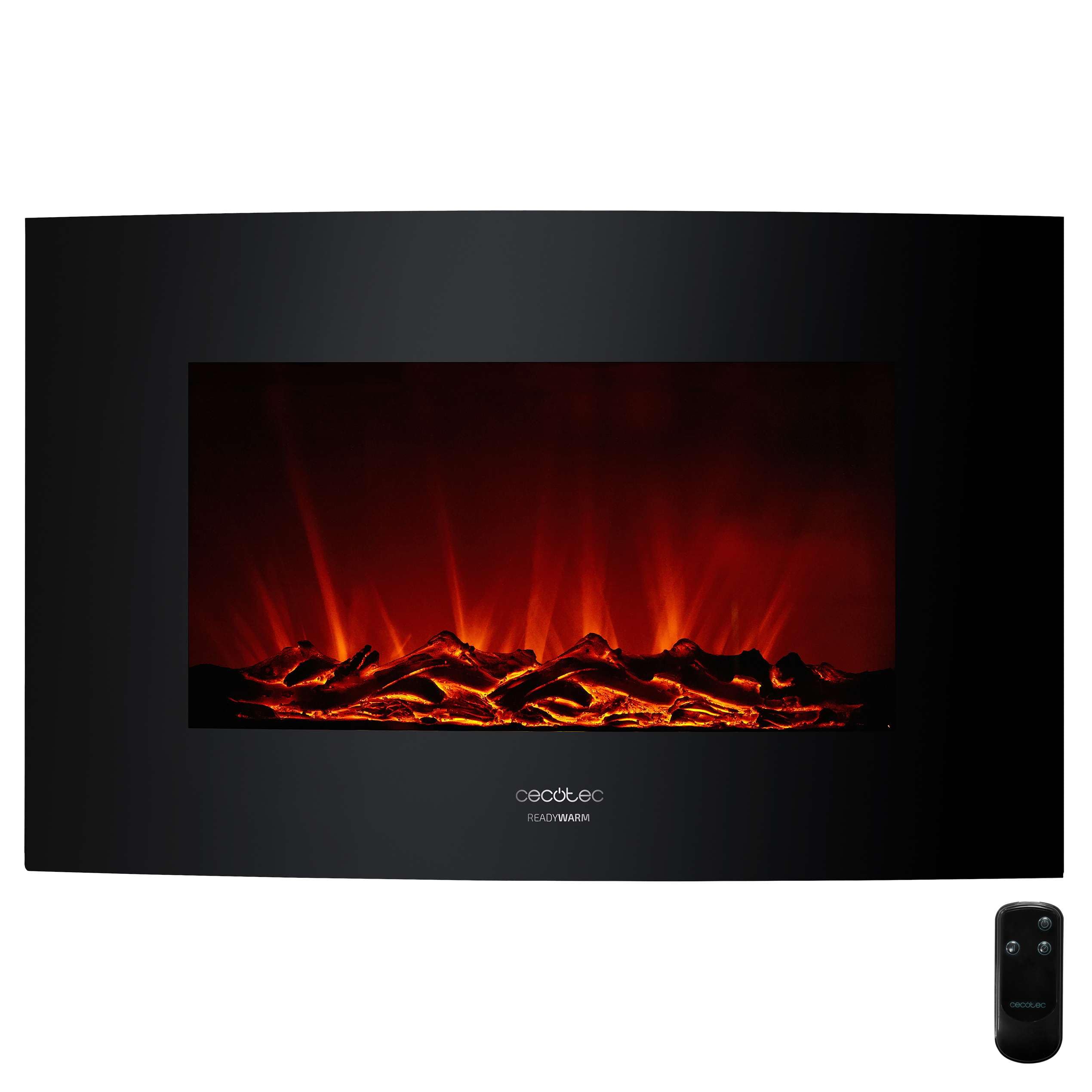 Cecotec Camino Elettrico Decorativo 35” con Telecomando Ready Warm 3510 Curved Flames. Massima Potenza 2000W, 2 Intensità, Pannello Curvo Cristallo Temperato, Fiamma Regolabile, Timer