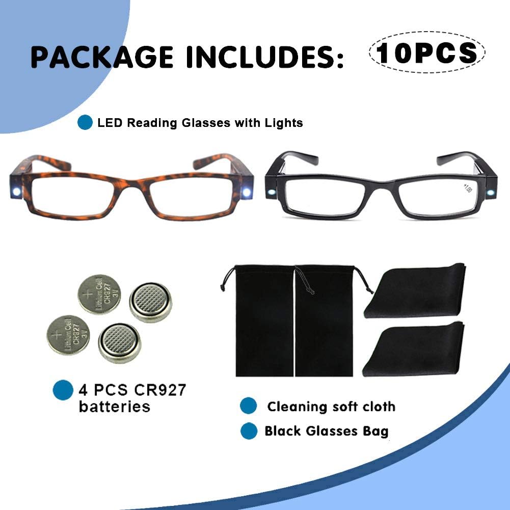 Bright LED Readers with Lights Reading Glasses Lighted Magnifier Nighttime Reader Compact Full Frame Eyewear Clear Vision Unisex Clear Vision Lighted Eye Glasses(2 PCS)