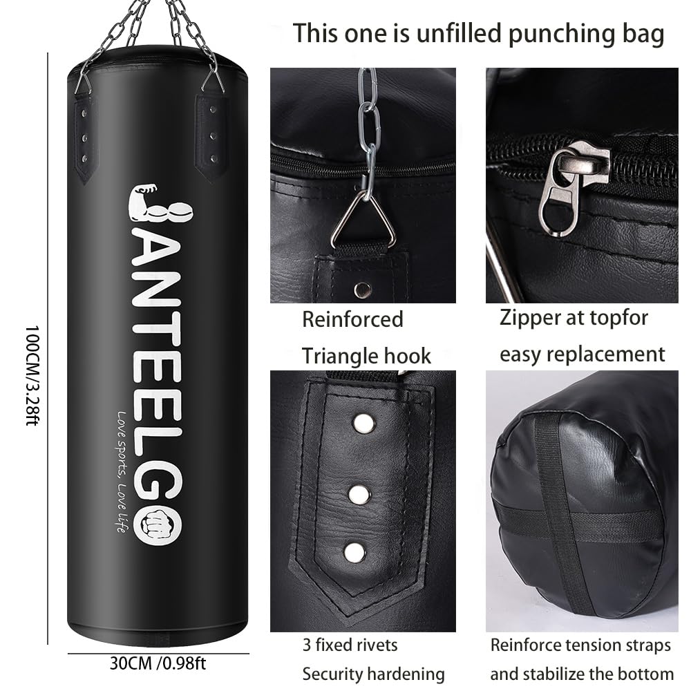 Boxsack Hängender Typ und Ungefüllter Boxsack Erwachsene JanTeelGO 100cm Langlebig PU-Leder mit Montagekette und Deckenhaken für MännerDamen Jugendliche，MMA Kickboxing Muay Thai Karate Schwarz