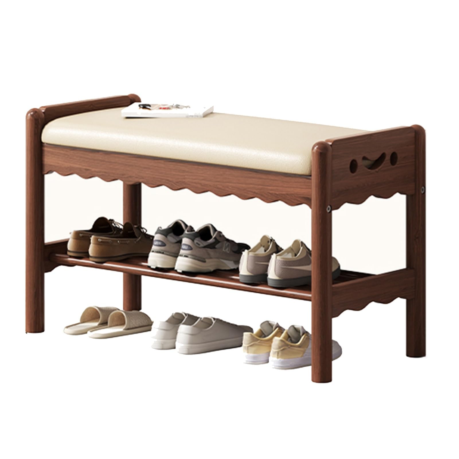 KLGFBDC 80cm Upholstered Shoe Cabinet with Solid Wood Storage Entryway Bench for Hallway Bedroom Nut Brown Color - Stylish and Functional Footwear Organizer