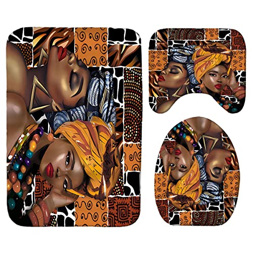 Black Woman Boho Badezimmerteppiche und Matten Sets 3-teilig, Memory Foam Badematte, U-förmige Kontur-Duschmatte rutschfest saugfähig, Samt WC-Deckelbezug waschbar