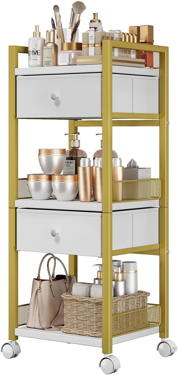 Flycity Makeup Organizer Cart with Drawers, 5 Tiers Rolling Makeup Cart, Floor Skincare Organizers, Vanity Organizer Storage with Wheels Cosmetic Display Cases for Skin Care Perfume Nail Polish, Gold