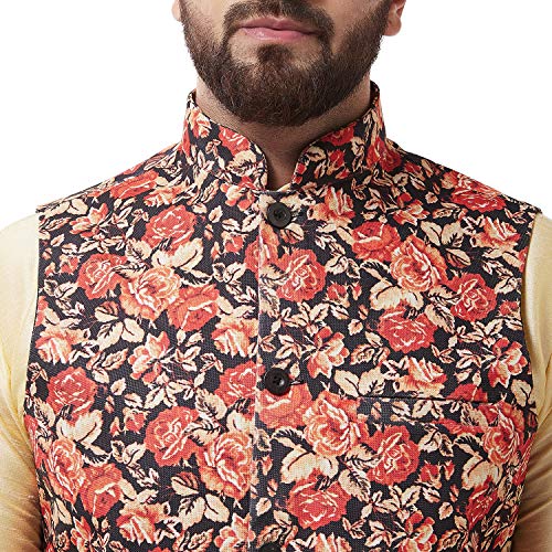 Image of SOJANYA (Since 1958 Men's Silk Blend Gold Kurta Pyjama & Printed Nehrujacket Combo