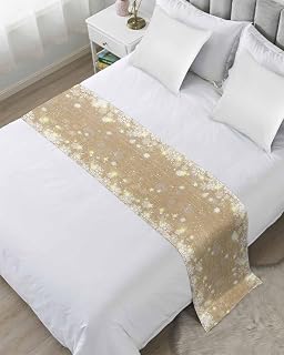 Bed Runner, Beige Snowflake Christmas Satin Bed Throw Runner for Twin Size Beds, Winter Xmas Snowflake Farmhouse Decorative Bedding Dresser Scarf for Foot of Beds Sofa Cabinet End Table 71x20 Inches