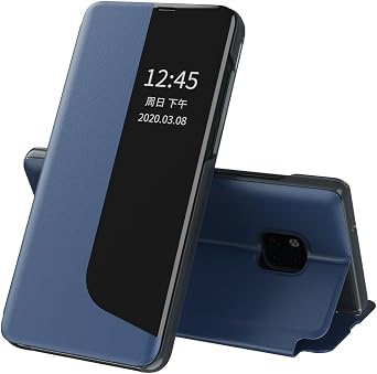 Compatible with Huawei Mate 20 Pro Case Flip Leather Cover Clear View,with Kickstand Phone Case Smart Window Hard Flip Shockproof Protective Cover Blue
