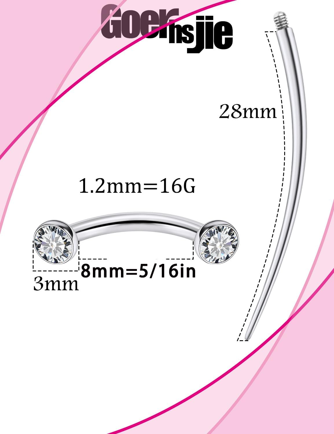 F136 Titanium 16g 6/8/10mm Eyebrow/Rook/Snug/Vertical-Labret/VCH/Snake-Eyes/Anti-Tragus/Christina/Daith/Belly-Button/Bridge/Hood/Surface Curved Barbell Piercing Jewelry for Women Men