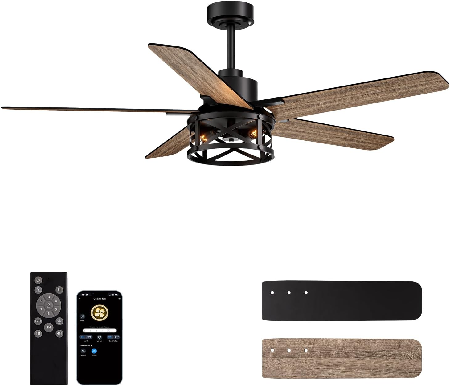 52 Inch Ceiling Fans with Lights and Remote Control, Low Profile Farmhouse Ceiling Fan for Bedroom Living Room and Patio, Black Caged Ceiling Fan for Indoor and Outdoor（NO BULBS）