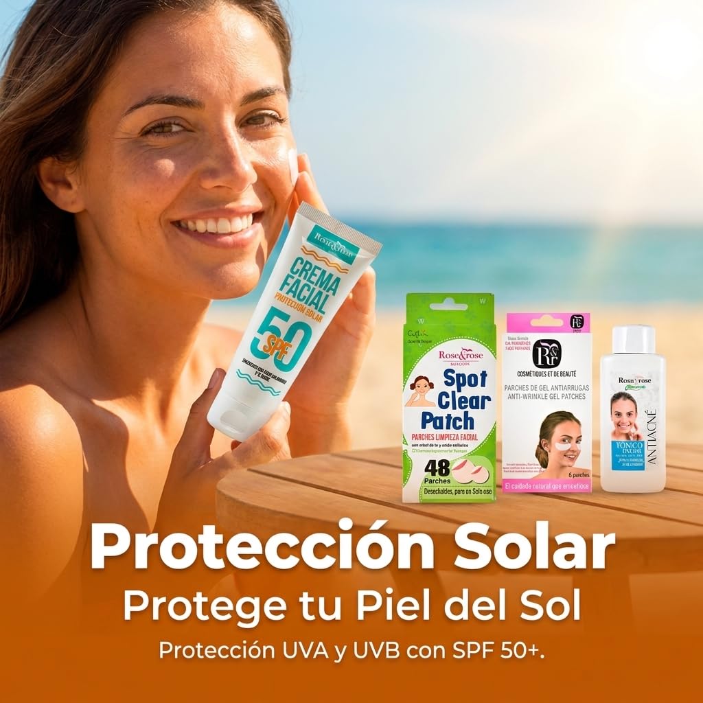 Zestaw Rose & Rose | Tonik do twarzy przeciw trądzikowi + krem przeciwsłoneczny SPF 50+ plastry punktowe przezroczyste + plastry żelowe do oczu | Kompleksowa pielęgnacja twarzy dla skóry tłustej i