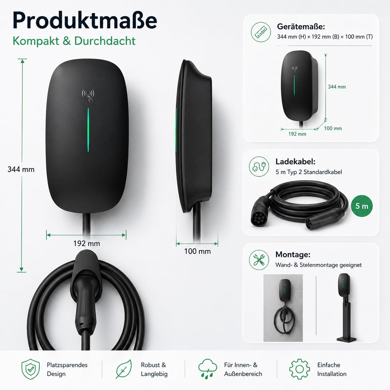22 kW Wallbox Ladestation | Typ 2 Ladekabel 7m | WLAN, LAN & 4G | 6 mA DC-Fehlerstromschutz | App-Steuerung & 4 RFID-Karten | Schwarz | OCPP 1.6 & 2.0 | Lastmanagementfähig (11 kW(5m Kabel))