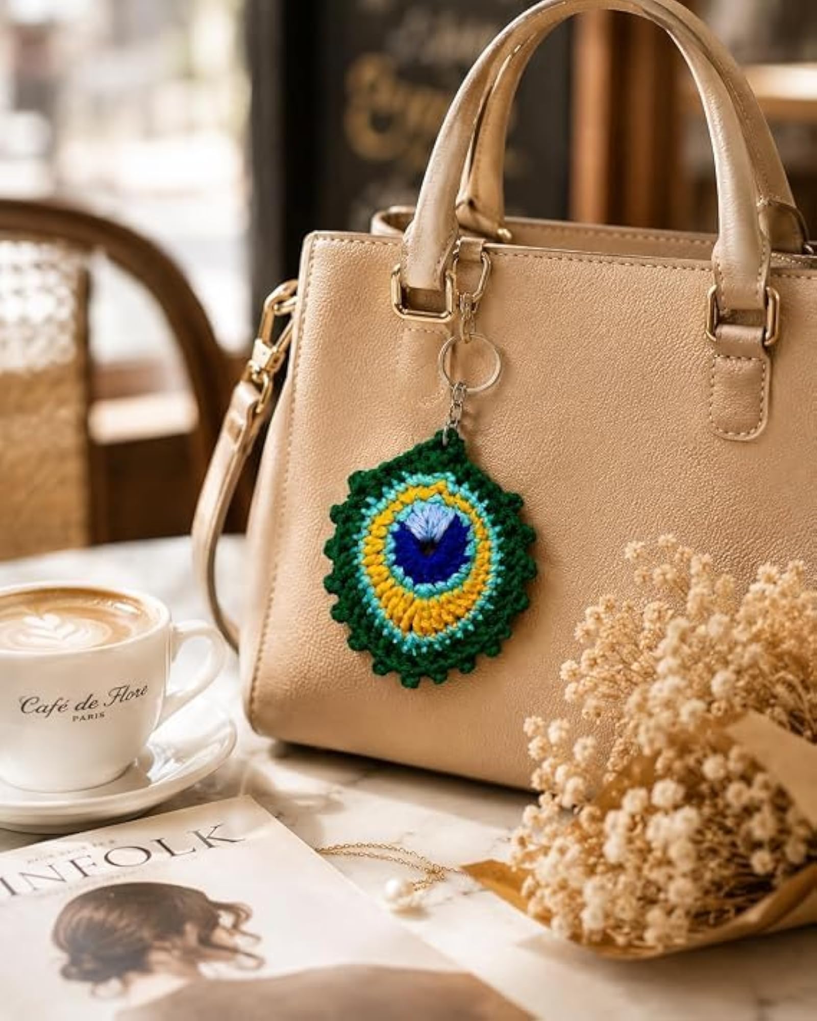 Crochet Peacock Feather Keychain Woollen Bag Charm