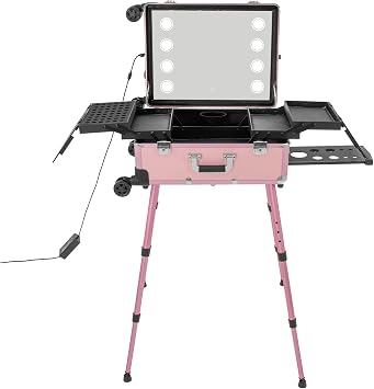 Aluminum Alloy Trolley Makeup Train Case, Rolling Cosmetic Organizer With 8 LED Lights, Lighted Makeup Case Travel Vanity Station, Standing Make up Box With Mirror, Cosmetology Case On Wheels
