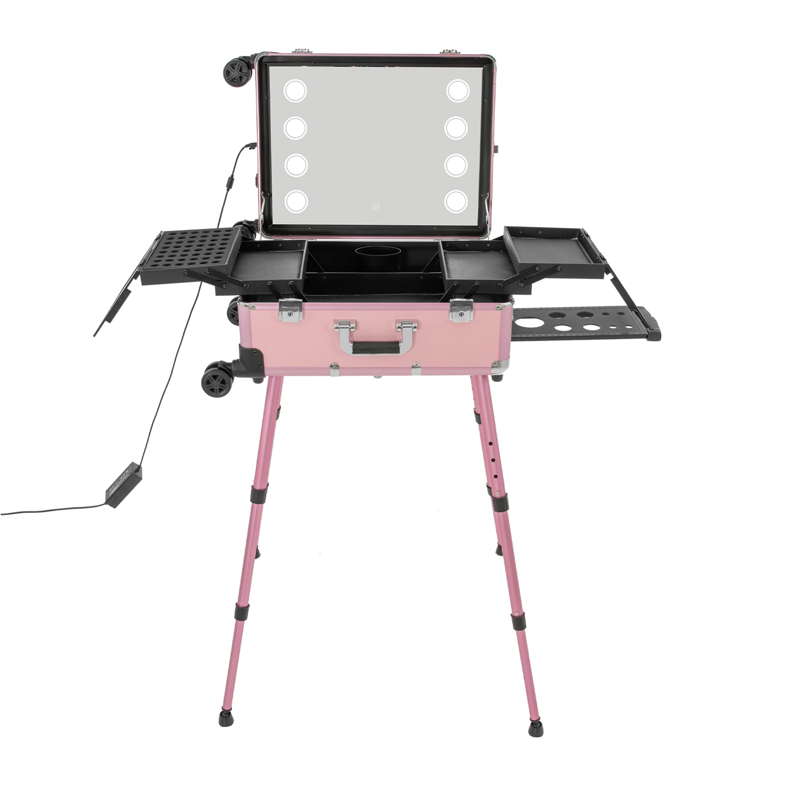 Aluminum Alloy Trolley Makeup Train Case, Rolling Cosmetic Organizer With 8 LED Lights, Lighted Makeup Case Travel Vanity Station, Standing Make up Box With Mirror, Cosmetology Case On Wheels