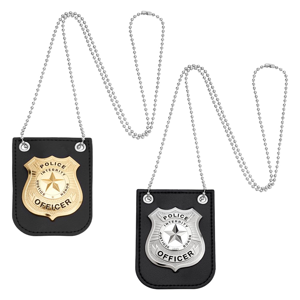 UNICRAFTALE 2Pcs 2 Colors America Police Badge Platinum Gold Detective Badge with Chain & Belt Clip Halloween Costume Badges Role Play Badges 97cm for Themed Parties Cosplay
