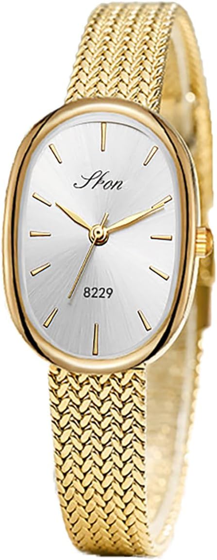LOREO Elegant Watches for Women Oval Quartz Watch Ultra-Thin Dial, Stainless Steel Mesh Band, Fashion Gold Wristwatch, Easy Reader Ladies Dress Watch