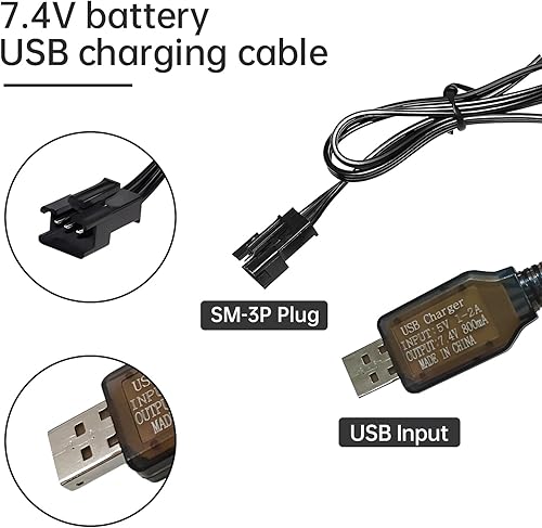 Miniatura 2 de 2 cables de carga USB de 7.4 V 800 mA con conector de enchufe SM-3P para excavadora RC, camión, tanque, vehículo de ingeniería Huina 1575 RC, auto