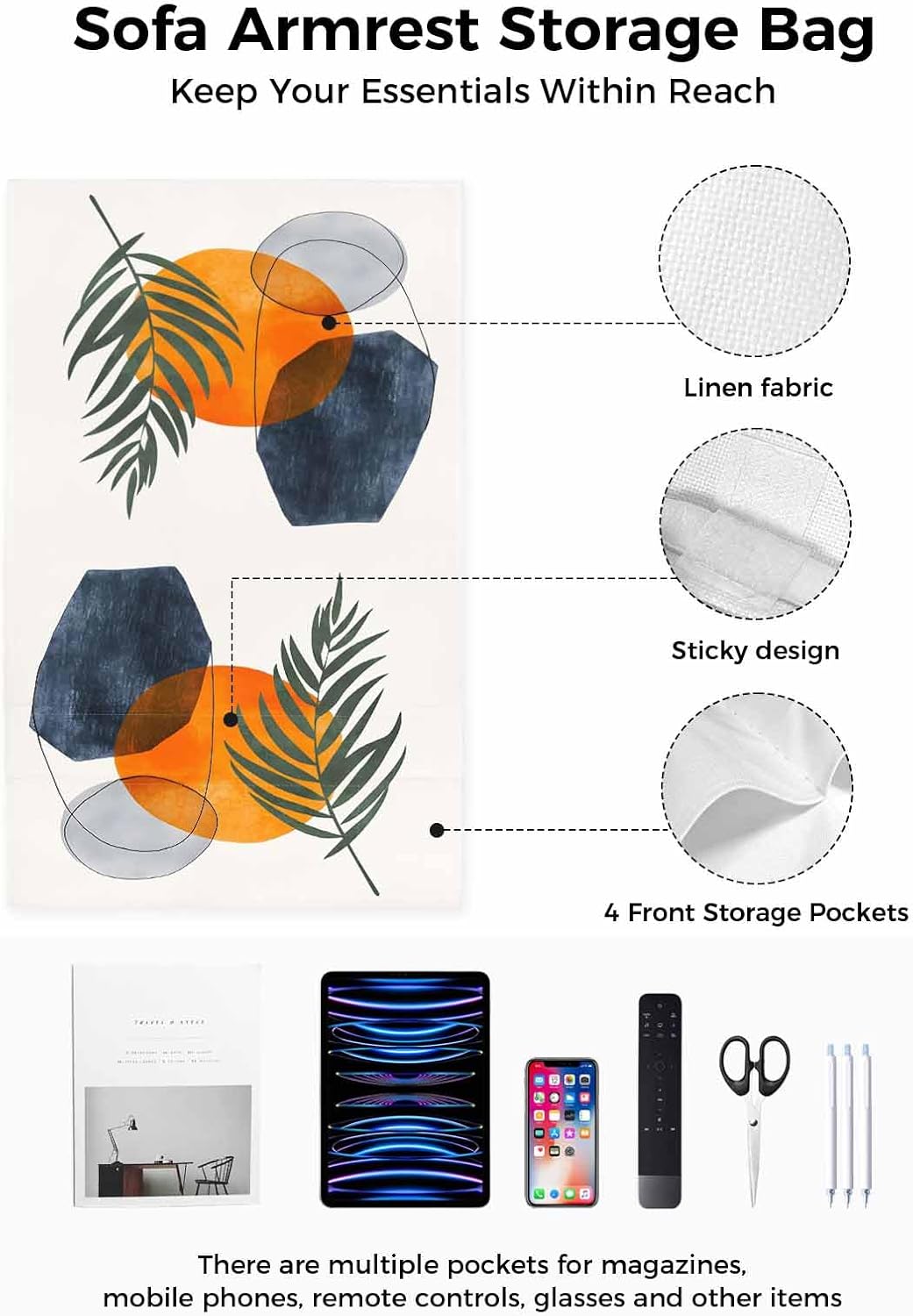 Sofa Armrest Organizer Bedside Caddy, Boho Middle Century Non Slip Couch Remote Control Holder for Recliner, Modern Abstract Art Geometric Arm Chair Caddy with Pocket for Phone, 19.7''x35''