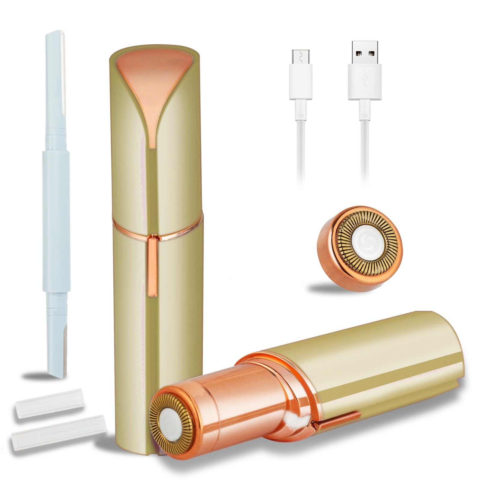 Yunmiss Facial Hair Removal for Women Men，Electric Painless Hair Removal Device Included 2 x Replacement Heads，USB Rechargeable Lady Womens Face Shaver for Lip，Chin，Arms Easy to Carry (Gold)