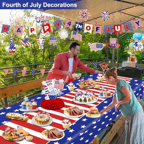 Image of 29 PCS Patriotic Decorations Set, 4th of July Party Decorations Red White Blue USA Flag Banner Tablecloth Hanging Swirls Pennant Honeycomb Table Decor Memorial Day Fourth July Party Favors