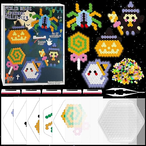 TOPJOWGA 420PCS Juego de Cuentas para Planchar Halloween, Abalorios Cuentas para Planchar Luminoso, Cuentas de Hierro Fusibles con Patrones, Beads Plantilla, DIY Manualidad Regalos para Niños