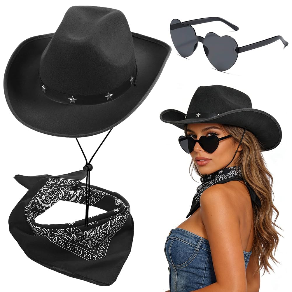 FCXVXCL Cowboy Hat Three Piece Set Purple Cowboy Sequin Western Hat Paisley Bandana & Heart Sunglasses Cowgirl Costume Accessories for Halloween Bachelorette Party