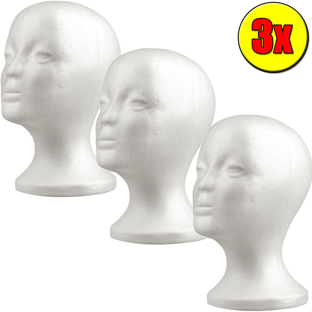 KIT 3 TESTA IN POLISTIROLO BIANCO ESPOSITORE PER PARRUCCA CAPPELLO CASCO