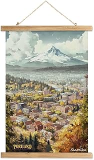 XIAOAIKA Portland Skyline and Mountain View Wall Art Vintage Poster, Canvas Print with Rustic Wood Hanging Frame, Urban Nature Decor for Living Room or Office, 16"x23"