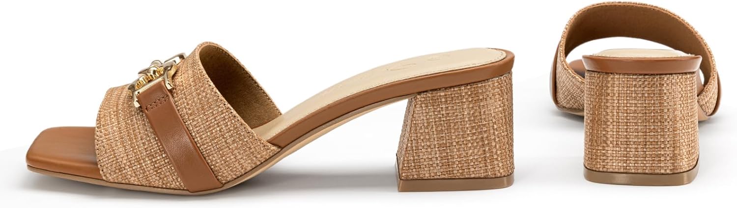Athlefit Mules Chunky Heels for Women Brown Raffia Slip On Heeled Sandals Square Open Toe 2 Inch Low Block Heels for Summer Dressy - Image 7