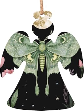 Mystical Luna Moth with Moon Phases, Flowers & Stars Art Christmas Wood Ornament Hand-Carved Boxwood Hanging DecorAngel Shape