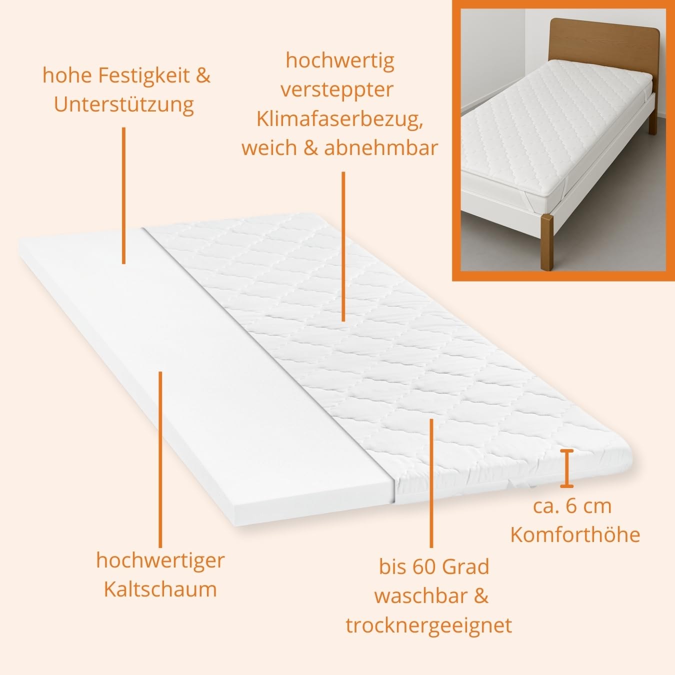 sleepling Kaltschaum Topper 180x200cm, Matratzentopper 6cm hoch, orthopädische Matratzenauflage 180x200 cm, für alle Matratzen und Betten, Made in EU, Oeko-TEX, Waschbar 60 Grad