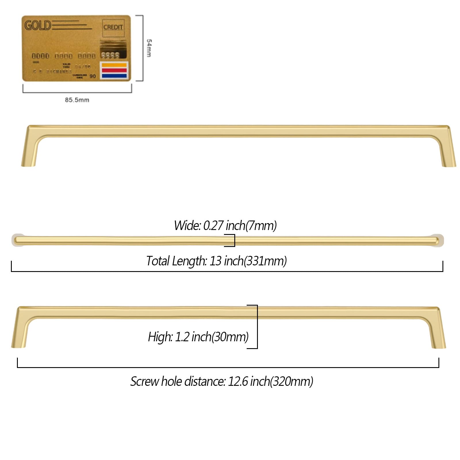 Amerdeco ZH0041 - Paquete de 10 tiradores dorados cepillados para armarios de 12.5 pulgadas (320 mm) con orificio central, manijas para armarios de cocina, tiradores de cocina para armarios, tiradores