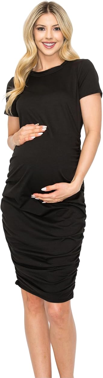 My Bump Womens Short Sleeve Bodycon Maternity Pregnancy Casual Streched Dress with Side Ruched