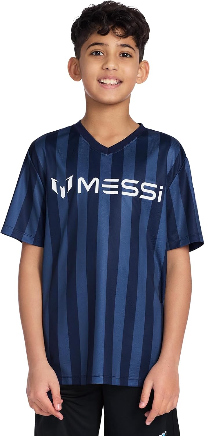 Messi Boys Lifestyle Short Sleeve Top, Loose-fit V-Neck Shirt with Logo, Comfortable