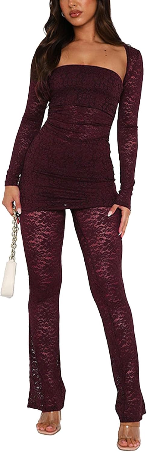 Mandonce Sexy Fall Outfits for Women Trendy Y2K Clothes Lace Tube Top and Pants Set Dressy Sexy Outfit for Women Going Out