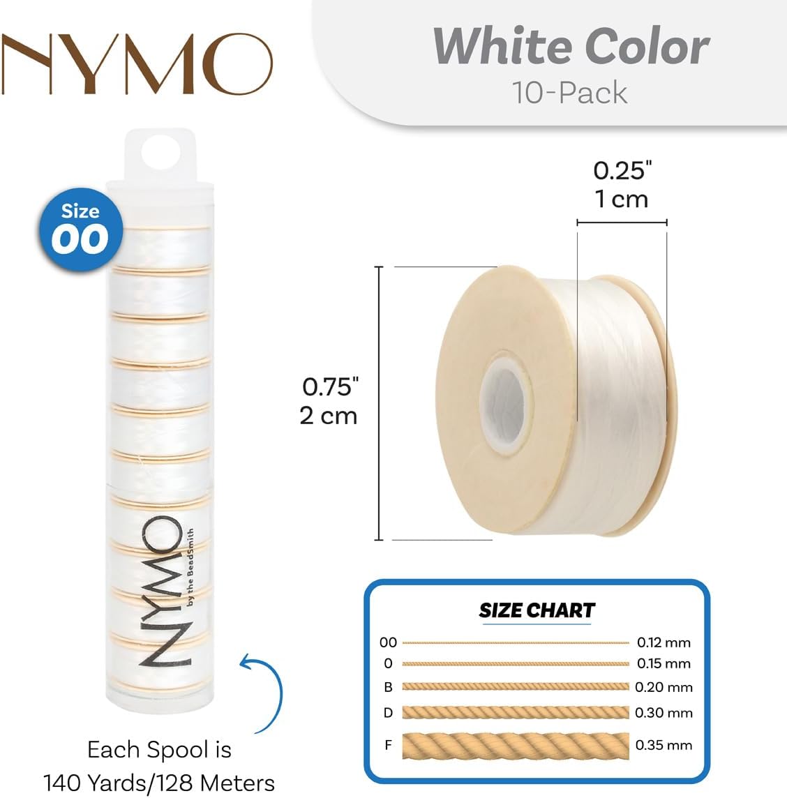 The Beadsmith Nymo Thread – 10-Pack White Color – Size 00, .12mm Diameter, 140 Yard/128 Meter Spool – Made of Nylon – Bead Embroidery & Weaving, Off Loom & Loom Work and DIY Craft Projects