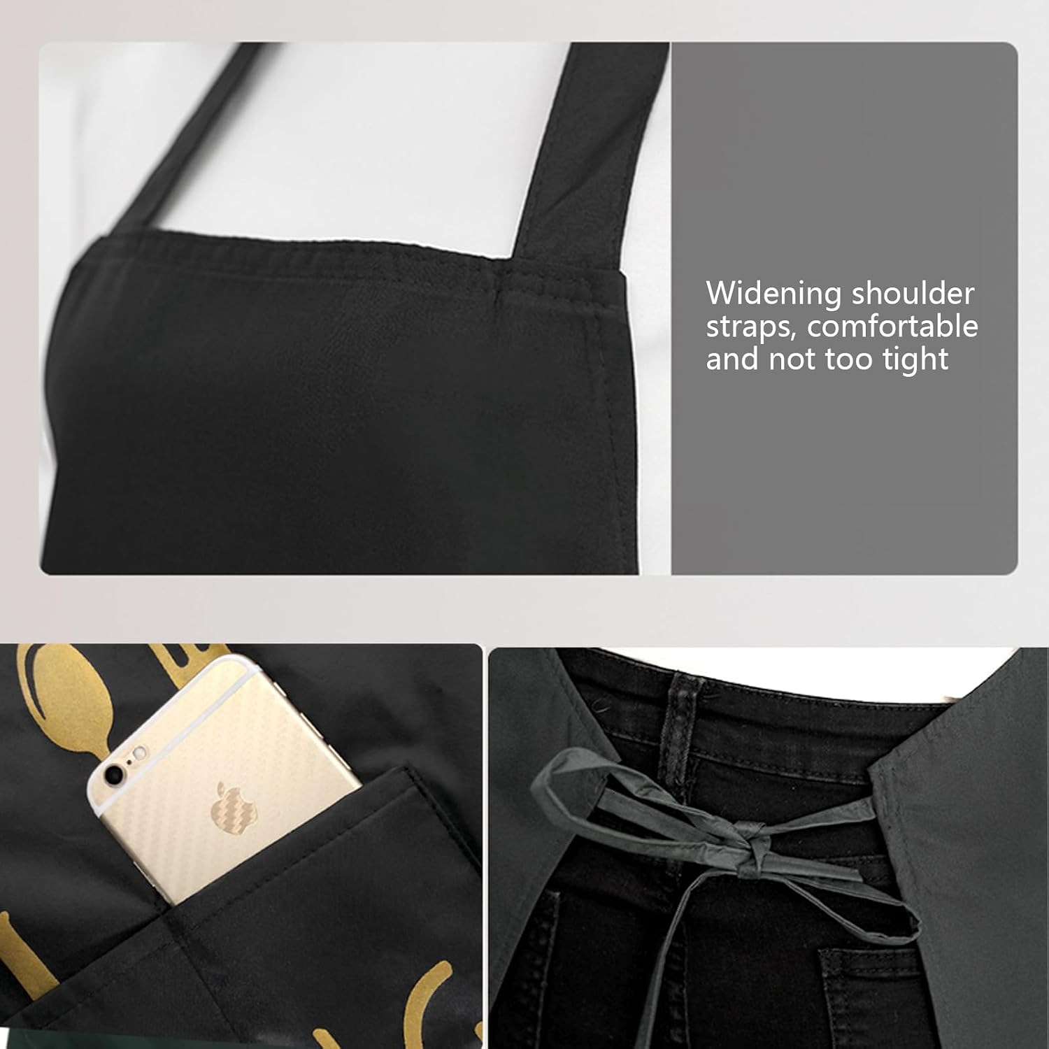 Women Kitchen Apron with Hand Wipe Pockets，Big Pocket,Hand-wiping, Waterproof for Cooking Baking-Black