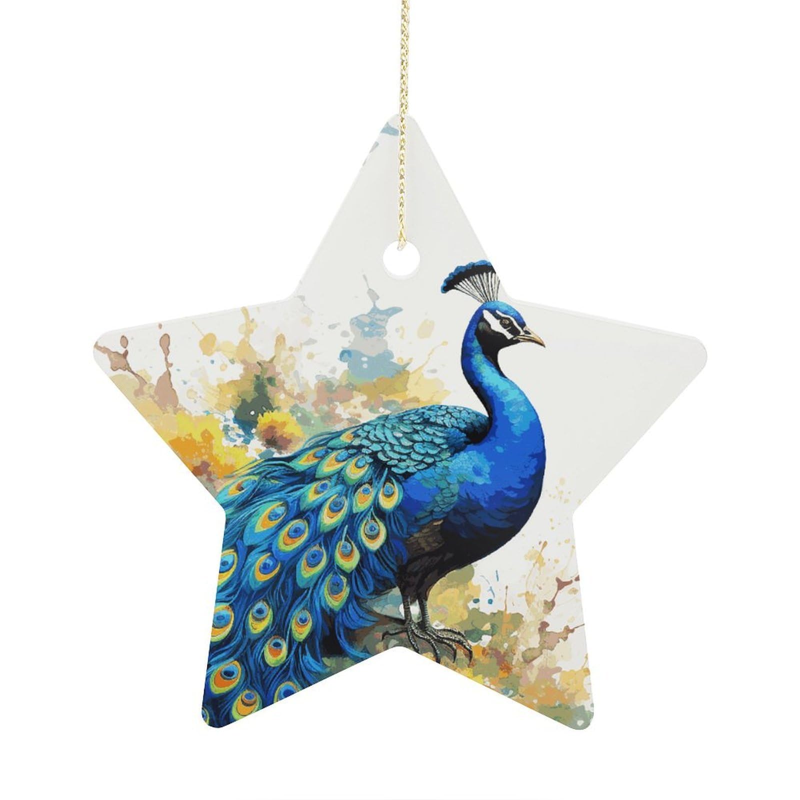 Peacock Watercolor Painting Stars Ornaments Ceramic Christmas Tree Hanging Light in Weight Christmas Star Pendants Funny Double-Sided Printed Xmas Ornaments for Gifts