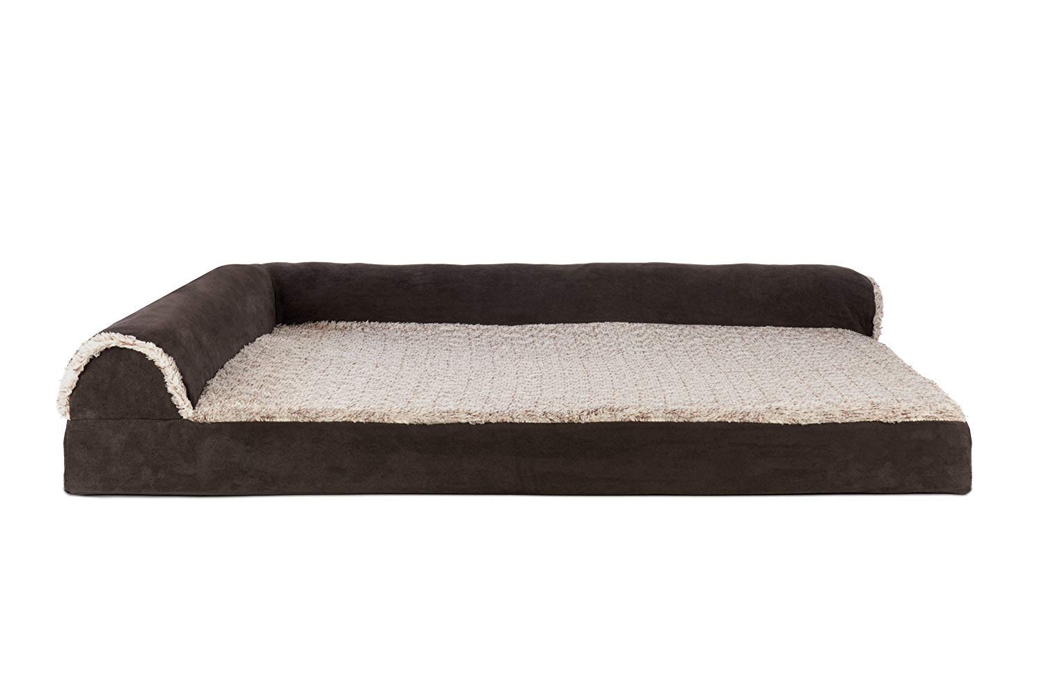 Furhaven Cooling Gel Dog Bed for Large Dogs w/ Removable Bolsters & Washable Cover, For Dogs Up to 95 lbs -Two-Tone Plush Faux Fur & Suede L Shaped Chaise- Espresso, Jumbo/XL, 40.0"L x 32.0"W x 8.0"Th — image 1