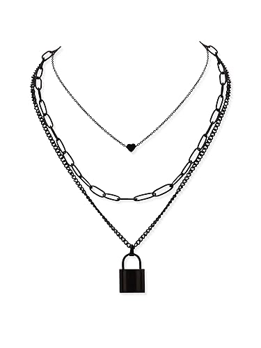 Sacina Gothic Silver-Tone, Black Layered Heart Lock Necklace, Emo Grunge Punk Necklace, Goth Jewelry, Halloween Christmas Jewelry Gift For Women - Black