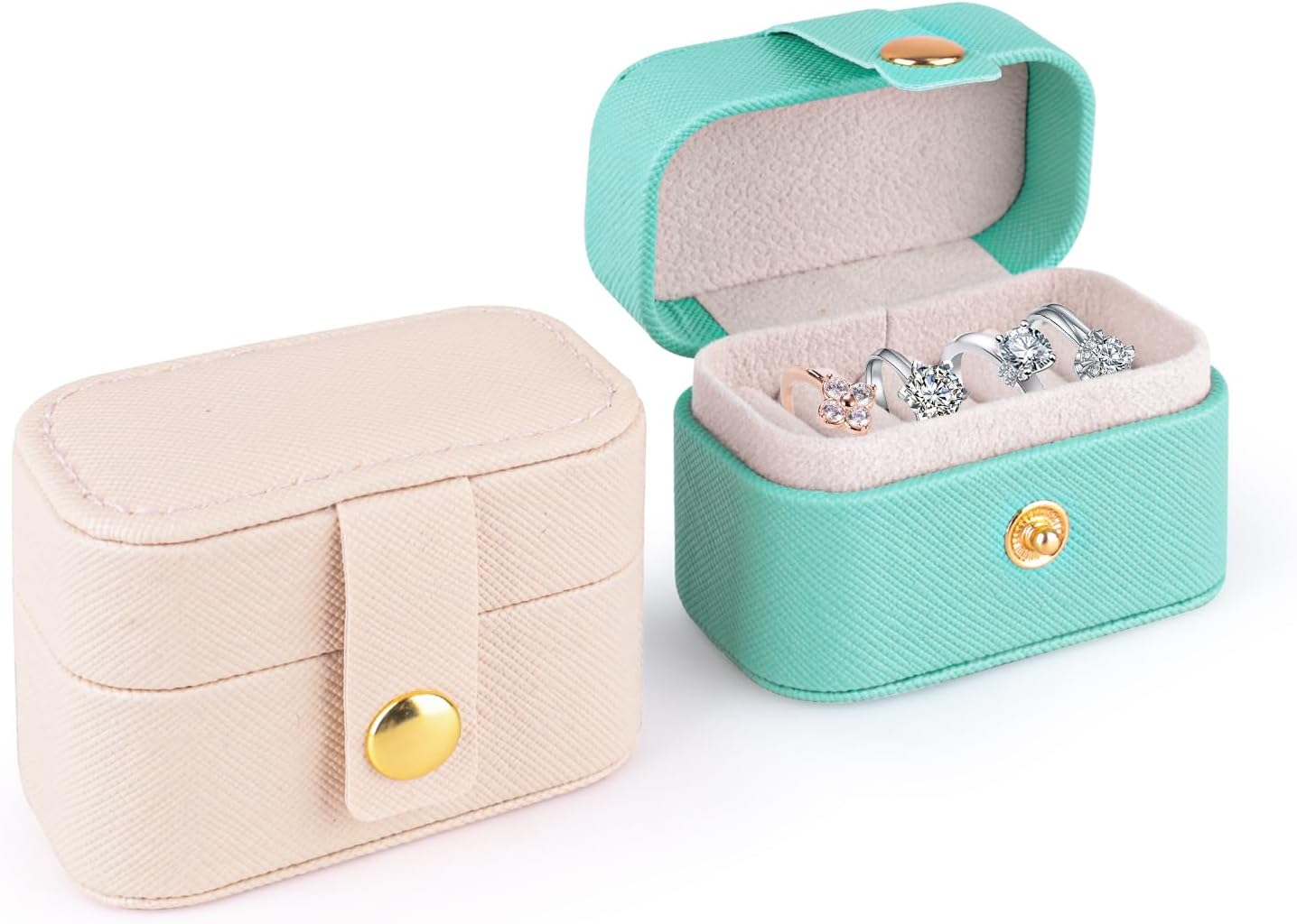 2 Pack Travel Ring Jewelry Box, Portable Mini Jewelry Case Organizer with 4 Slots Storage Ring Holder & Earrings, Gift for Women, Pink + Blue